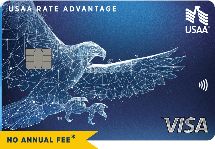 USAA Rate Advantage Visa credit card with label reading no annual fee