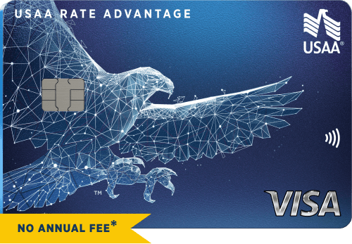 USAA Rate Advantage Visa credit card with label reading no annual fee