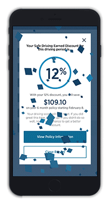 SafePilot in-app screenshot images include safe driving earned discounts, a dashboard, trip details, and accident assistance.