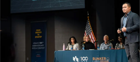 speakers at a Bunker Labs pitch contest sponsored by USAA.