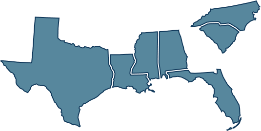 Partial U.S. map showing the following states with agency alliances for windstorm coverage: Alabama, Florida, Mississippi, North Carolina, South Carolina, Texas and Louisiana